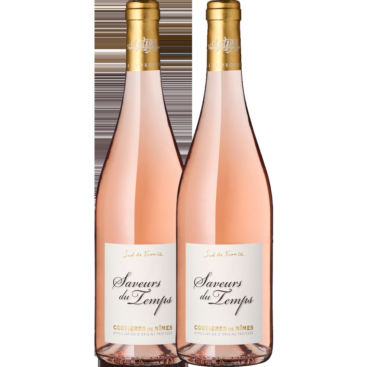 Zwei Flaschen französischen Roséweins 'Saveurs du Temps' mit klarer rosa Farbe und goldenem Verschluss, typisches Sommerwein-Design.