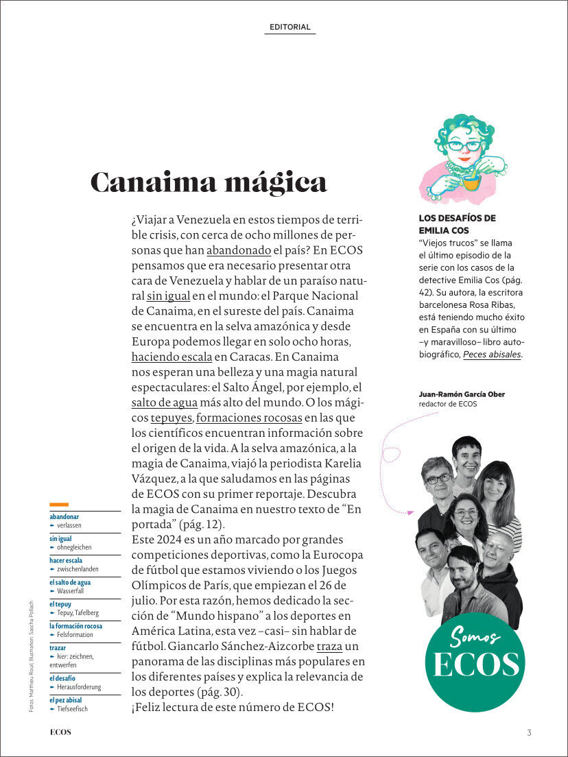 Titelseite des Magazins Ecos Ausgabe 08/2024 mit dem Titel 'Canaima magica'. Der Artikel beschreibt Reisen nach Venezuela und den Canaima-Nationalpark. Es sind auch verschiedene Informationen zum Magazin und eine Illustration vorhanden.