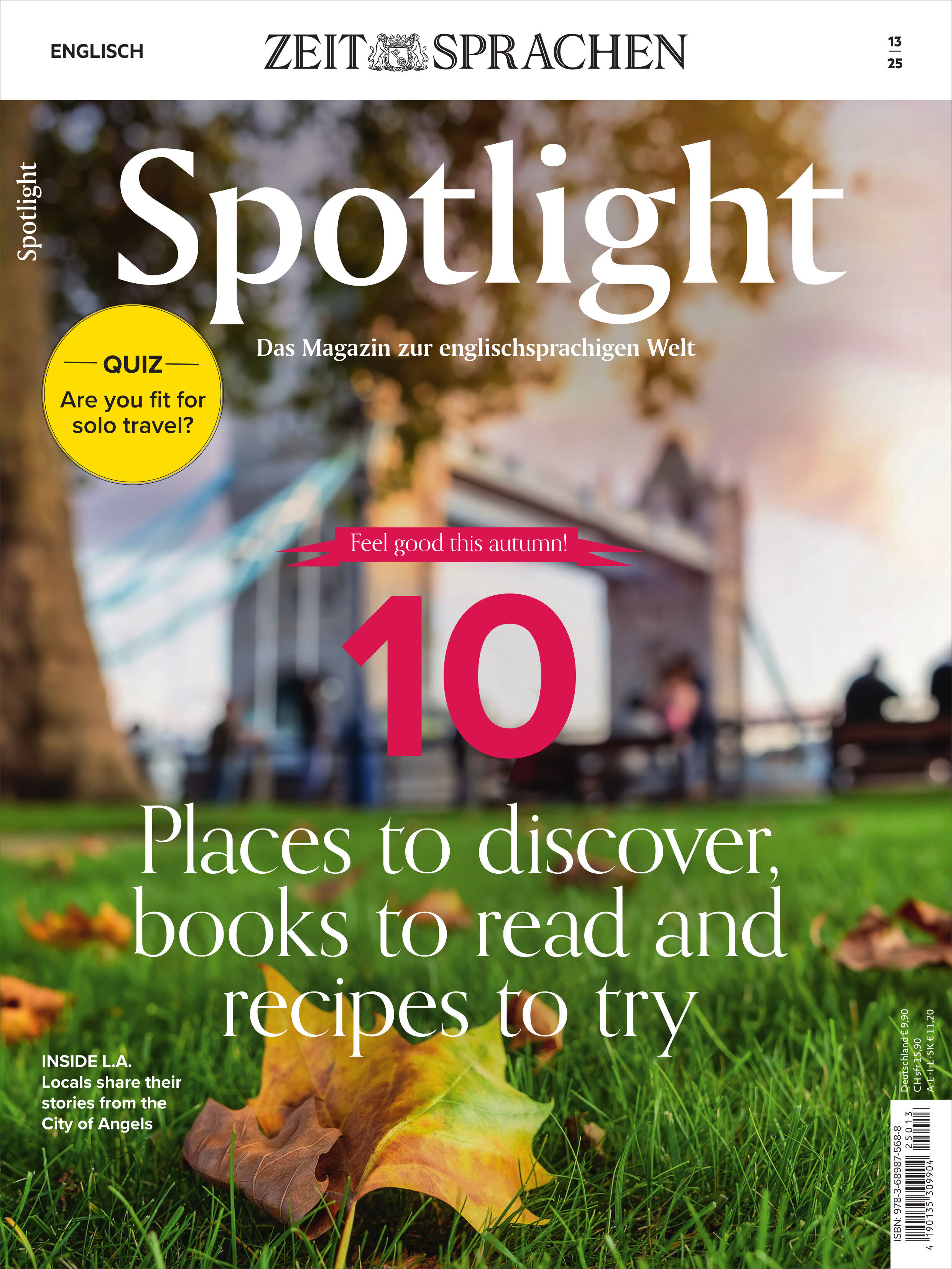 Cover des Spotlight Magazin 13/2025 mit herbstlicher Parkszene, gelben Blättern im Vordergrund, englischem Text und Ankündigungen zu Themen wie Reisen, Bücher, Rezepte und einem Quiz, ideal für Sprachinteressierte und Englischlernende.