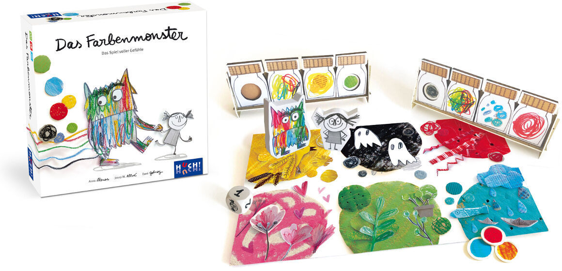 Das Bild zeigt das Brettspiel »Das Farbenmonster - Das Spiel« mit bunt illustrierten Spielfiguren, einem großen Würfel und diversen Spielmaterialien, die verschiedene Emotionen und Farben darstellen. Das Spiel beinhaltet auch Karten, Spielsteine und eine Schachtel mit dem Titel des Spiels.