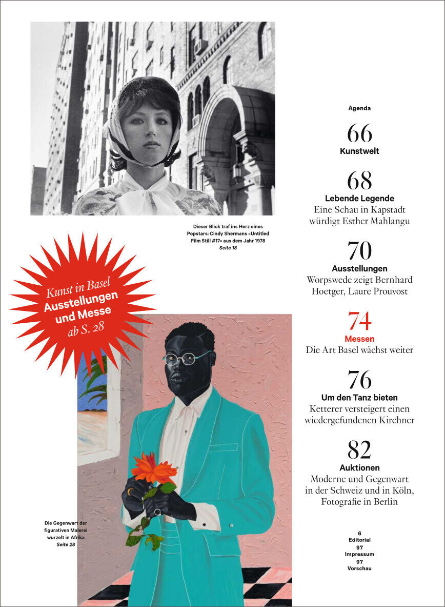 Cover des Magazins Weltkunst 227/24 zeigt eine Collage aus verschiedenen Kunstwerken und Fotografien, darunter Bilder aus der Ausstellung in Basel, mit Struktur und Texten in Schwarz, Weiß, Rot, Grün und Blau. Erwähnung von Künstlern wie Elton John und Esther Mahlangu sowie Themen wie Kunstmessen und Auktionen.