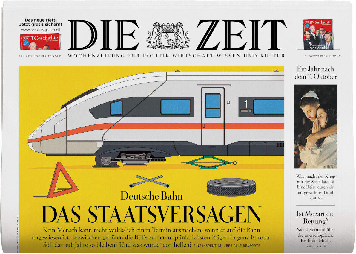 Titelseite der Zeitung DIE ZEIT 42/2024 mit einem Bild eines modernen Schnellzugs und der Schlagzeile 'Das Staatsversagen' in Bezug auf die Deutsche Bahn. Enthält Artikel zu Politik, Wirtschaft und Kultur.