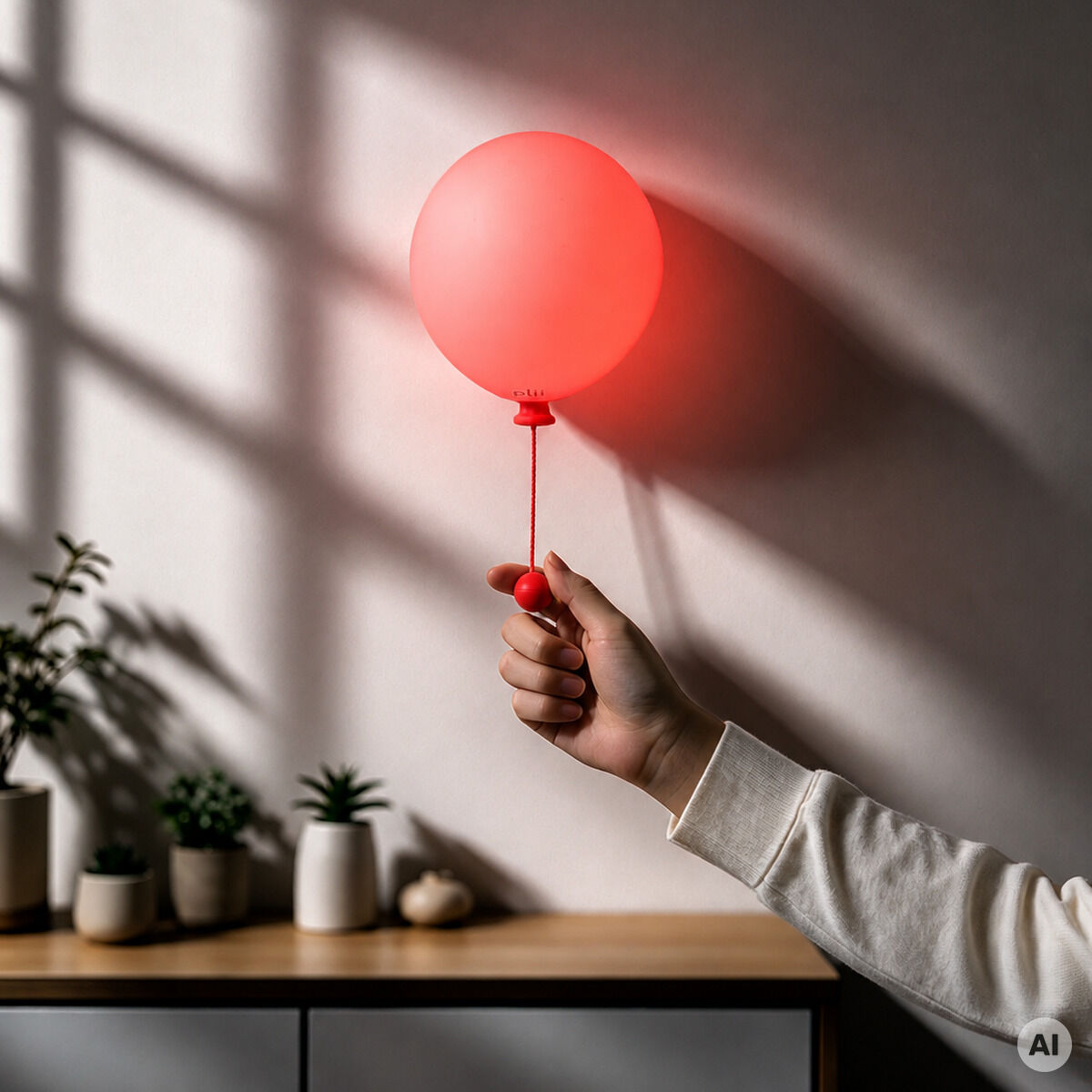 An einer hellen Wand hängt die leuchtende Ballon-Leuchte »Mimo Ballon« in der Farbe coral bloom von Gingko Design Ltd. Eine Hand hält die Kordel des Ballonlichts, darunter stehen einige kleine Zimmerpflanzen und Dekoelemente auf einem Schrank.