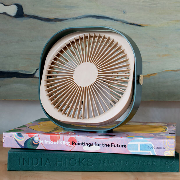 Ein tragbarer Ventilator namens 'Fantastic', der auf zwei Büchern steht, vor einem kunstvollen Hintergrund. Der Ventilator ist kompakt und in Grün und Creme gehalten. Die Bücher tragen die Titel 'Hilma af Klint: Paintings for the Future' und 'India Hicks Island Style'.