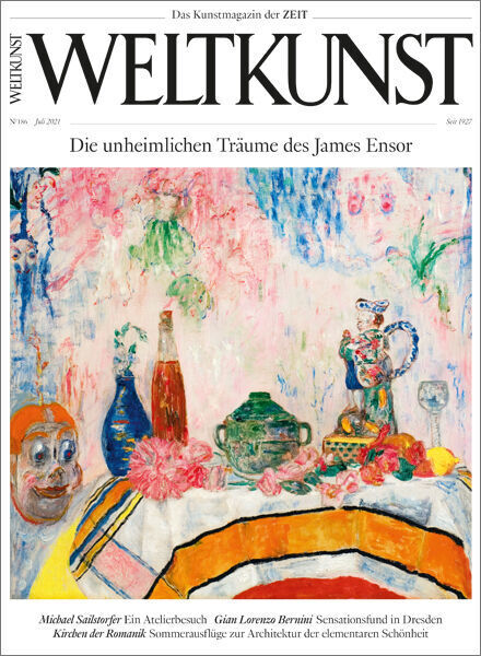 Titelbild der Zeitschrift WELTKUNST 186/21, das eine farbenfrohe, surreale Malerei von James Ensor zeigt. Der Titel lautet 'Die unheimlichen Träume des James Ensor'. Im Hintergrund sind Pastelltöne und bunte Farben zu sehen, mit Darstellungen von verschiedenen Objekten auf einem Tisch.