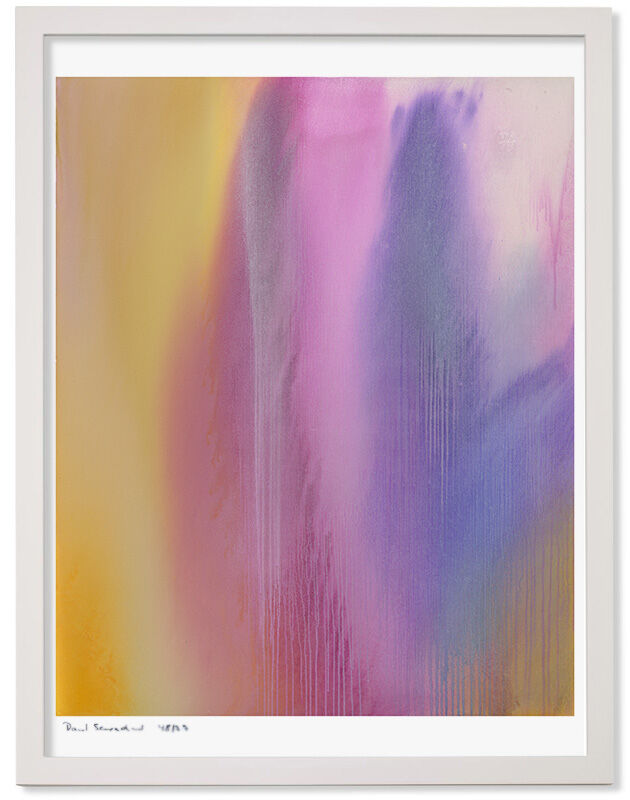 Abstrakter Kunstdruck mit Streifen in violett, pink, gelb und blau Tönen, eingerahmt in einem weißen Rahmen.