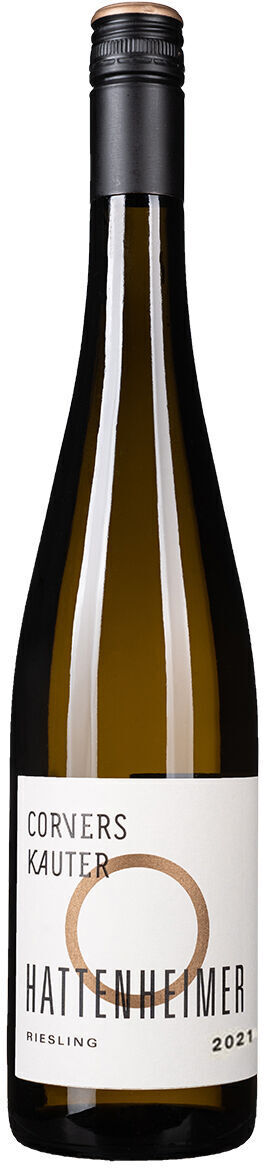 Eine Flasche Riesling Rheingau des Weinguts Corvers Kauter aus dem Jahrgang 2021. Die Flasche ist mit einem schwarzen Schraubverschluss versehen, das Etikett ist weiß mit schwarzer und goldener Schrift.