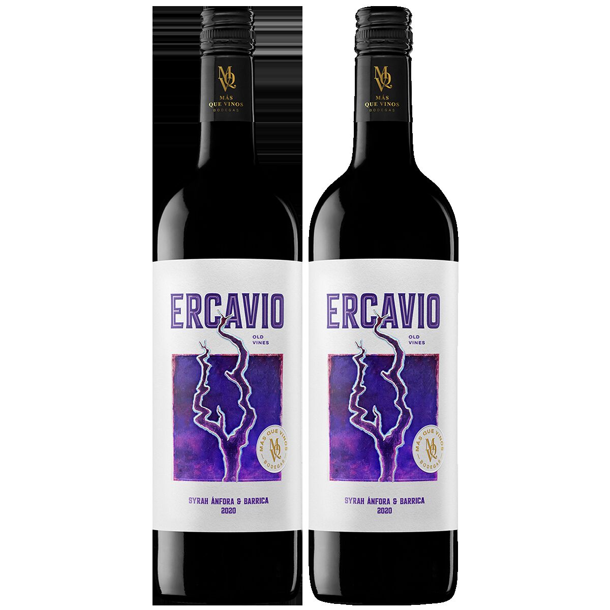 Zwei Flaschen Rotwein Ercavio aus dem Weingut Paket Mas Que Vinos stehen nebeneinander. Die Etiketten sind violett und weiß gestaltet und mit einem goldfarbenen Siegel versehen. Die Flaschen haben dunkle Gläser und schwarze Korken. Produktfoto auf weißem Hintergrund, geeignet als Geschenk oder für besondere Anlässe.