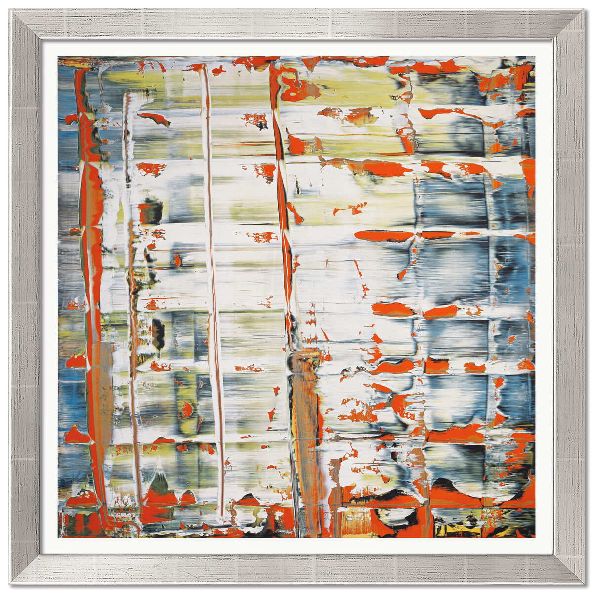 Gerahmtes abstraktes Kunstwerk von Gerhard Richter aus dem Jahr 1992. Dominierende Farben sind Rot, Grün, Weiß und Blau, mit markanten, horizontal und vertikal verlaufenden Farbschichten und auffälligen Strukturen im silberfarbenen Rahmen.