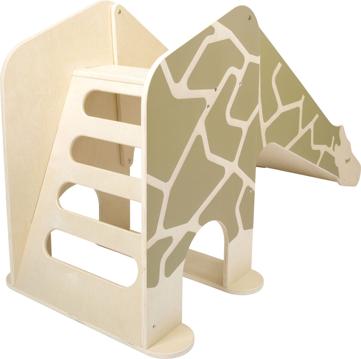 Innenrutsche im Giraffen-Wildlife-Design aus holzähnlichem Material, mit lustigem Giraffenmuster und beige-farbener Leiter, geeignet für kleine Kinder und Vorschulkinder.