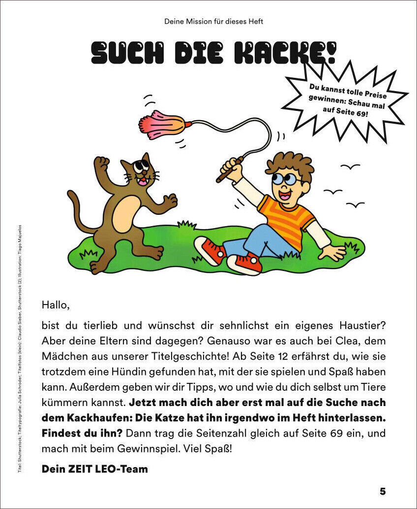 Zeitschriftenseite mit Comic-Bild, das eine Katze und einen Jungen mit Raketenspielzeug zeigt. Überschrift lautet 'Such die Kacke!' und neben dem Bild gibt es einen Text über die Mission des Heftes, bei der eine Katze ihren Kot hinterlassen hat, den die Leser finden sollen.
