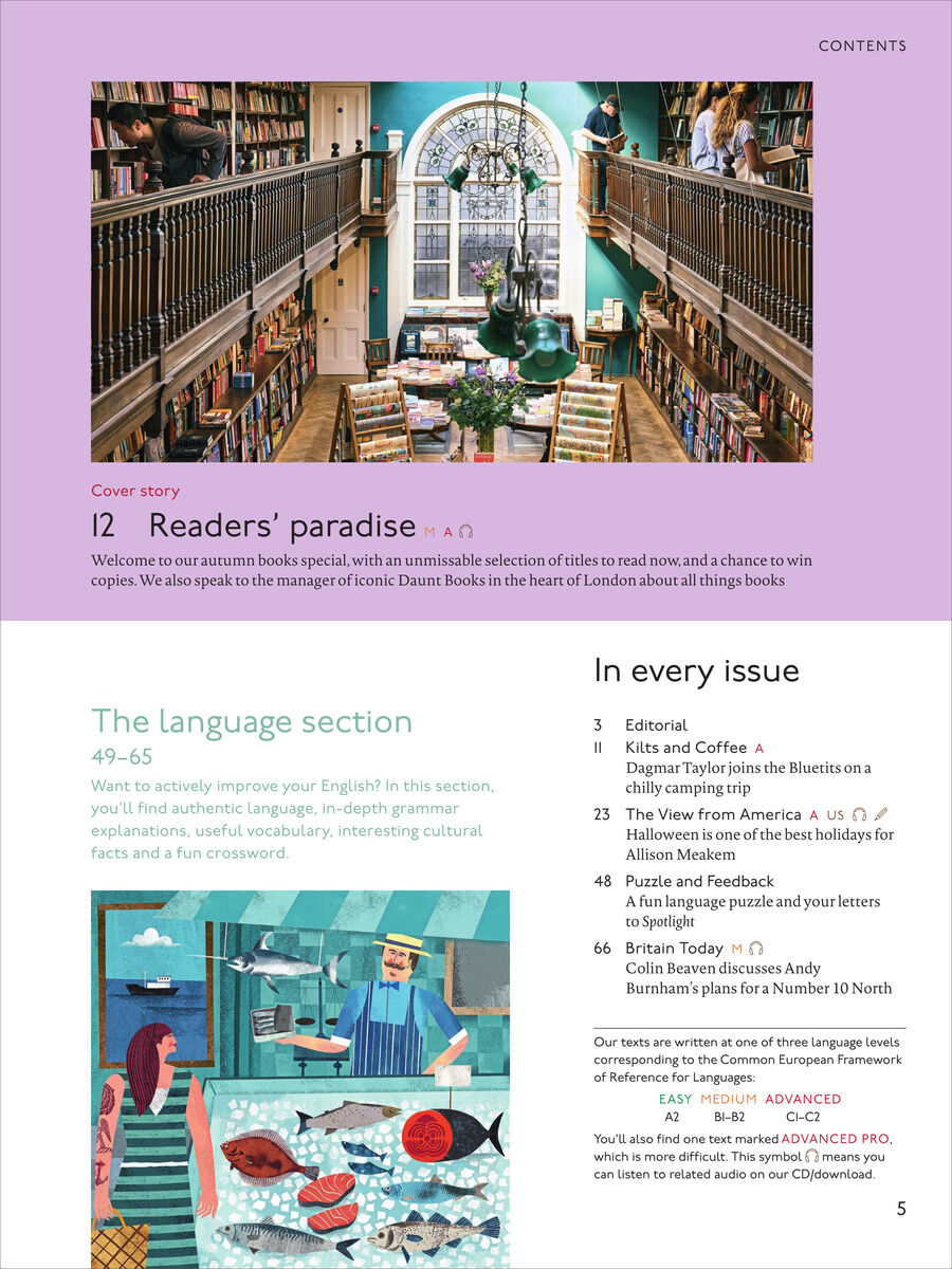 Inhaltsseite des Spotlight Magazins auf fliederfarbenem Grund. Oben zeigt ein Foto eine zweistöckige Buchhandlung mit dunklen Geländern, Bücherregalen und großem Bogenfenster; Titel: „Readers’ paradise“. Darunter „The language section“ mit Illustration einer Fischtheke. Rechts steht die Rubrik „In every issue“ mit Themen und Seitenzahlen.