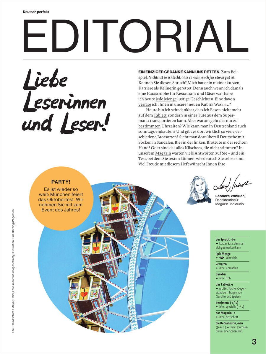 Titelseite eines Magazins mit großem Schriftzug 'EDITORIAL', handschriftlichem Gruß an Leserinnen und Leser, einem Ausschnitt eines Riesenrads, gelber Sprechblase mit Hinweis auf das Oktoberfest und einem Foto der Chefredakteurin mit Unterschrift. Frische, moderne Gestaltung.