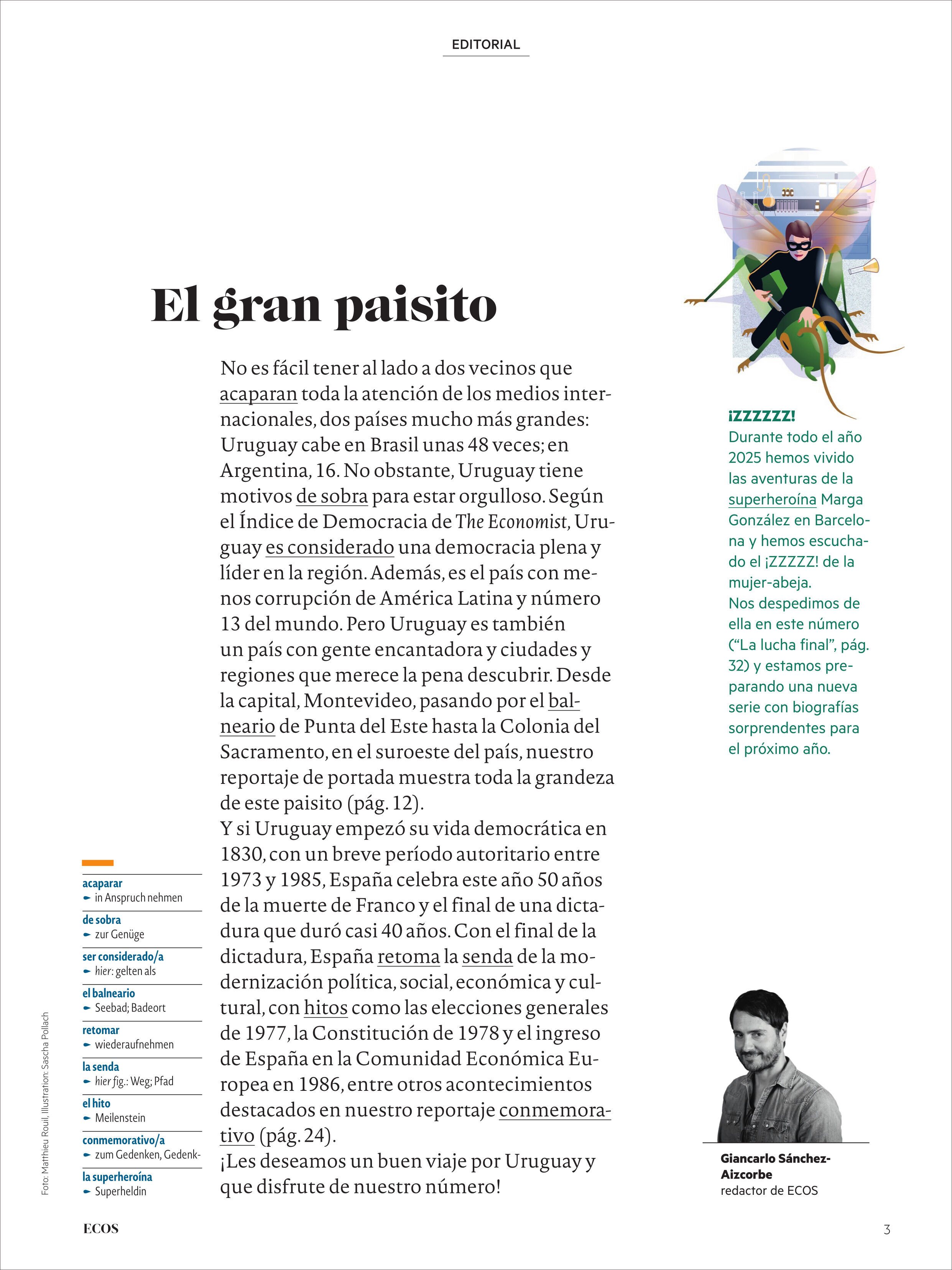 Magazinseite mit Editorialtext auf weißem Hintergrund links, blauem Seitenrand mit Rubrikübersicht. Rechts oben farbige Illustration einer Frau mit Hochhaus-Silhouette, unten kleines Autorenfoto. Modernes Layout mit klarer, gut lesbarer Schrift und farblich hervorgehobenen Akzenten.