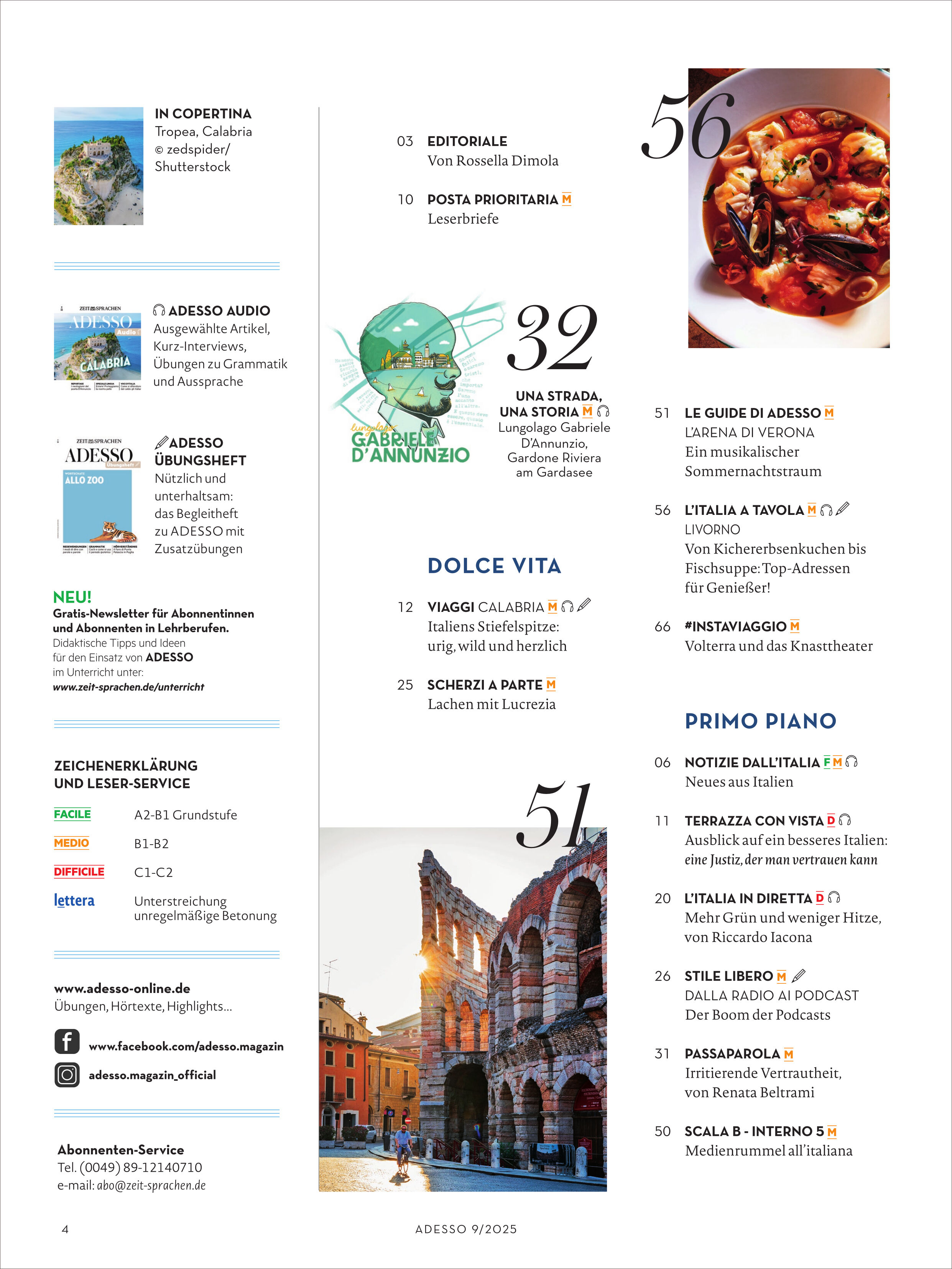 Das Titelblatt des Magazins 'Adesso 9/2025' zeigt eine übersichtliche Inhaltsseite mit Fotomotiven aus Italien, moderner typografischer Gestaltung sowie Bildern von italienischen Gerichten, historischen Bauwerken und einem illustrierten Porträt. Das Magazin präsentiert Themen rund um italienische Regionen, Kultur, Kulinarik und Literatur, mit einem klaren, farbenfrohen Layout.