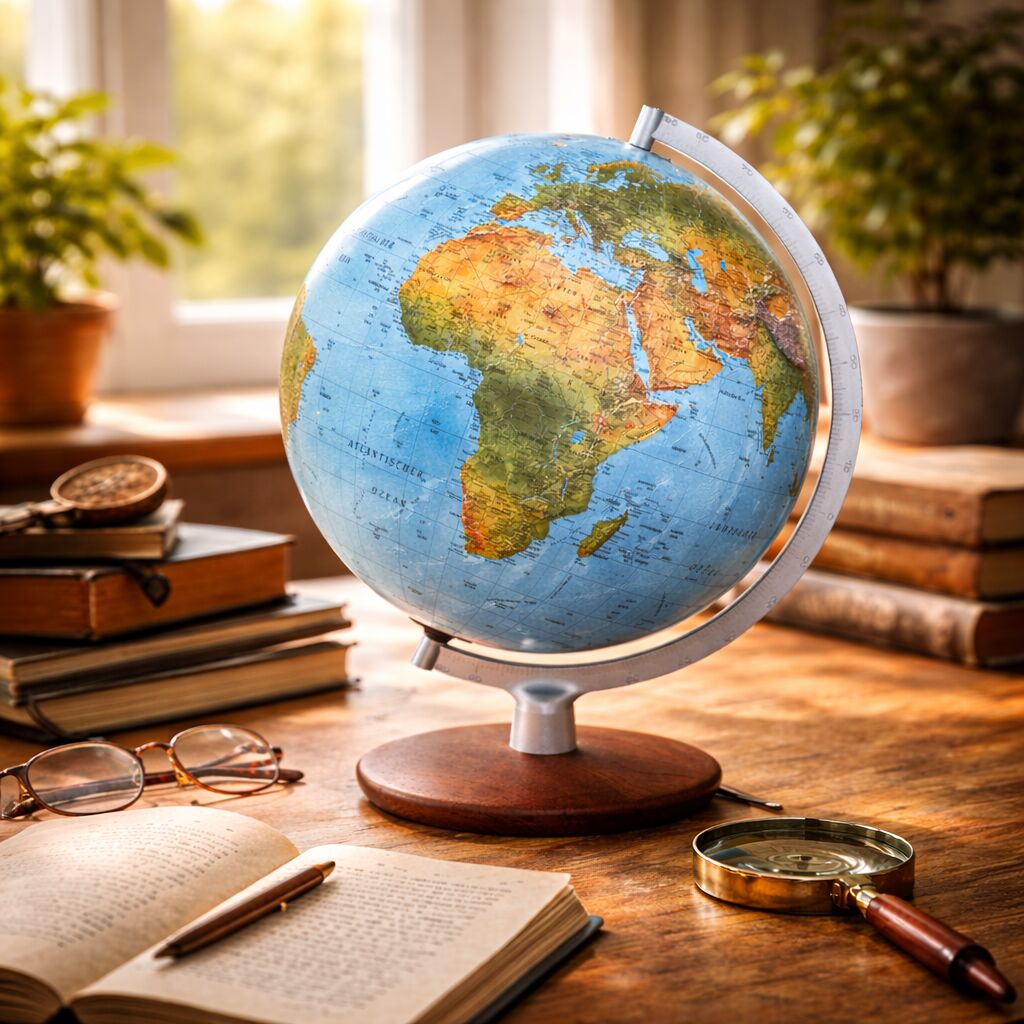 Ein detailreicher, handkaschierter Globus (Sonderedition Silber hell von Räthgloben) steht auf einem edlen Holzfuß auf einem stilvollen Schreibtisch. Daneben liegen alte Bücher, eine Brille und eine Lupe. Sonnenlicht fällt durch ein Fenster im Hintergrund, Pflanzen schmücken die Szene.