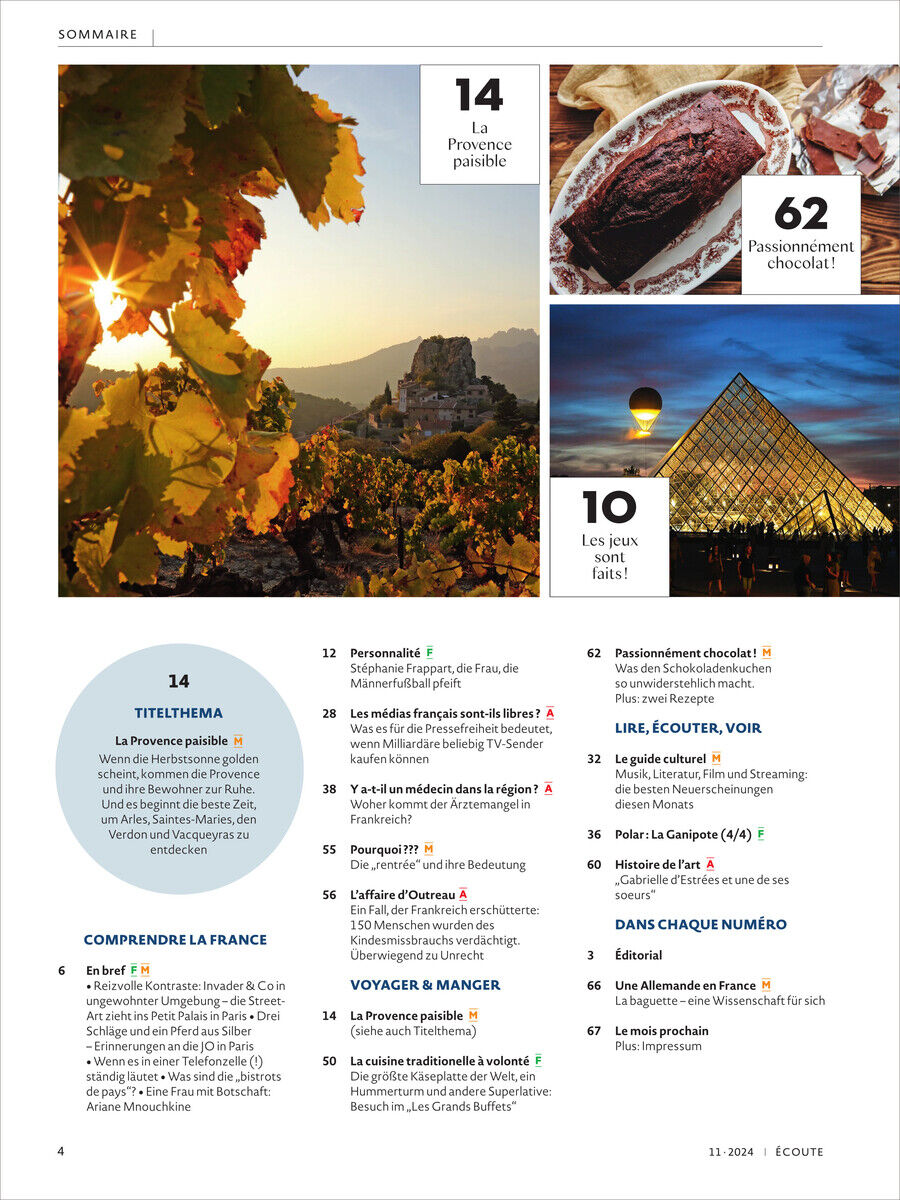 Titel: Sommaire, Écoute Magazin 11/2024, Seite 4. Oben links: Weinberge in der Provence. Oben rechts: Dunkle Schokolade. Unten links: Artikel über die Provence. Unten rechts: Architektur. Unten Mitte: Verschiedene Artikel über Regionen in Frankreich.