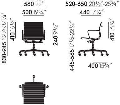 ZEIT-Sonderedition »Vitra Alu Chair EA 118«, verchromter Bürostuhl, abgebildet mit verschiedenen Maßen in Schwarz-Weiß. Enthält Abbildung aus Frontal-, Seiten- und Rückansicht.