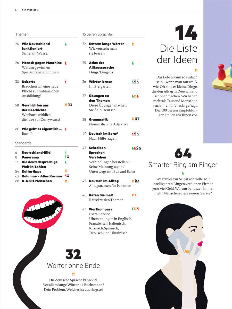 Das Bild zeigt das Cover der Ausgabe 10/2024 des 'Deutsch perfekt Magazins'. Das Cover enthält eine Tabelle mit Themen und Seitenangaben, die behandelt werden, sowie mehrere Illustrationen, darunter eine rote stilisierte Lippenzeichnung und eine Frau, die ein Handy hält.