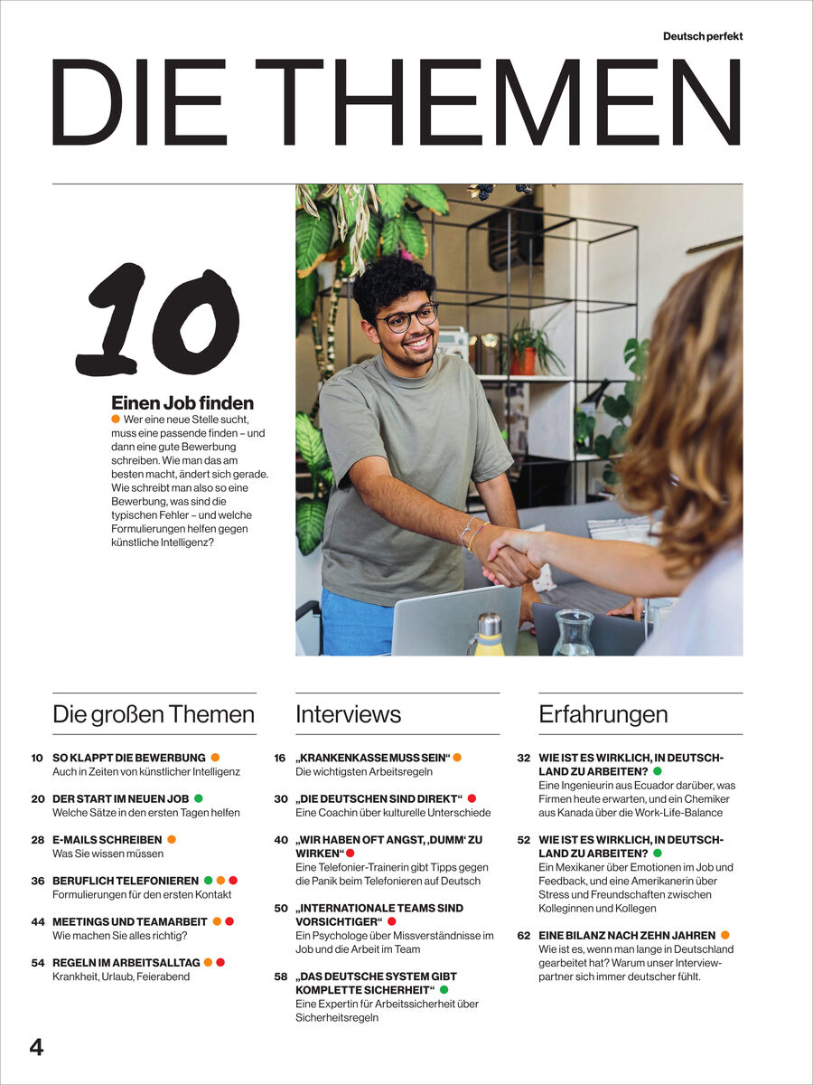 Titelseite eines Magazins mit großem Text 'DIE THEMEN'. Im Mittelpunkt ein junger Mann, der bei einem Vorstellungsgespräch einer Frau die Hand schüttelt. Auf dem Tisch stehen Unterlagen, Pflanzen im Hintergrund. Themenschwerpunkte und Interviews sind aufgelistet.