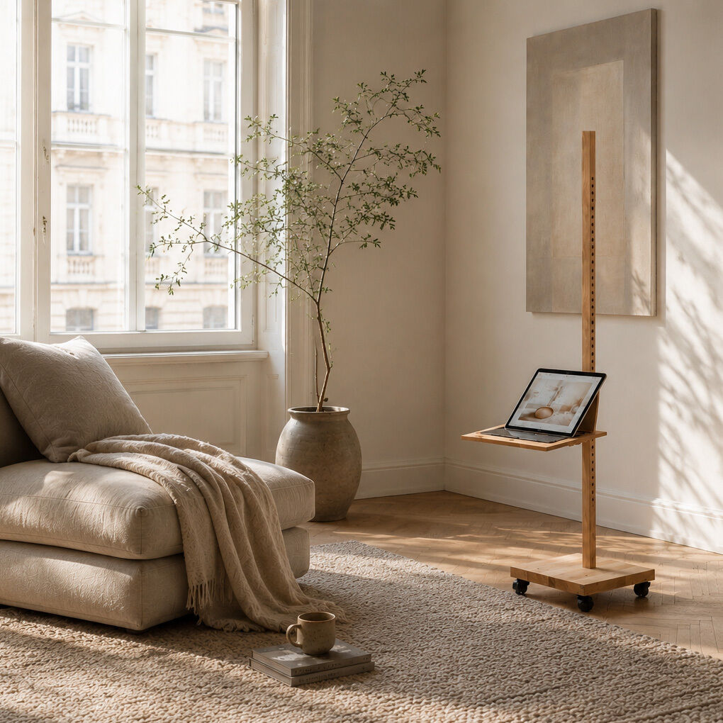 Modernes, sonnendurchflutetes Wohnzimmer mit gemütlichem, cremefarbenem Sofa, kariertem Teppich, Pflanze im Keramiktopf und dem mobilen Device Stativ „ERA“ aus Eiche. Stativ auf Rollen, mit Tablet und Buchablage, vor ruhiger, minimalistischer Wandgestaltung.