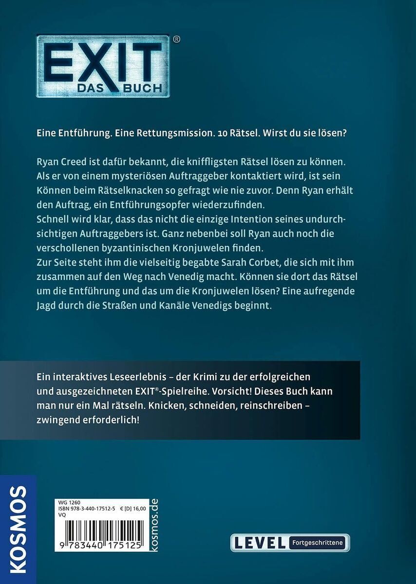 Das Bild zeigt das Buch 'EXIT - Das Buch: Der Löwe von San Marco' von KOSMOS. Das Cover ist vorwiegend in Blau- und Grüntönen gestaltet. Oben steht der Titel des Buches, und unten links ist das KOSMOS-Logo zu sehen. Auf der Rückseite befinden sich Textbeschreibungen zum Inhalt des Buches.