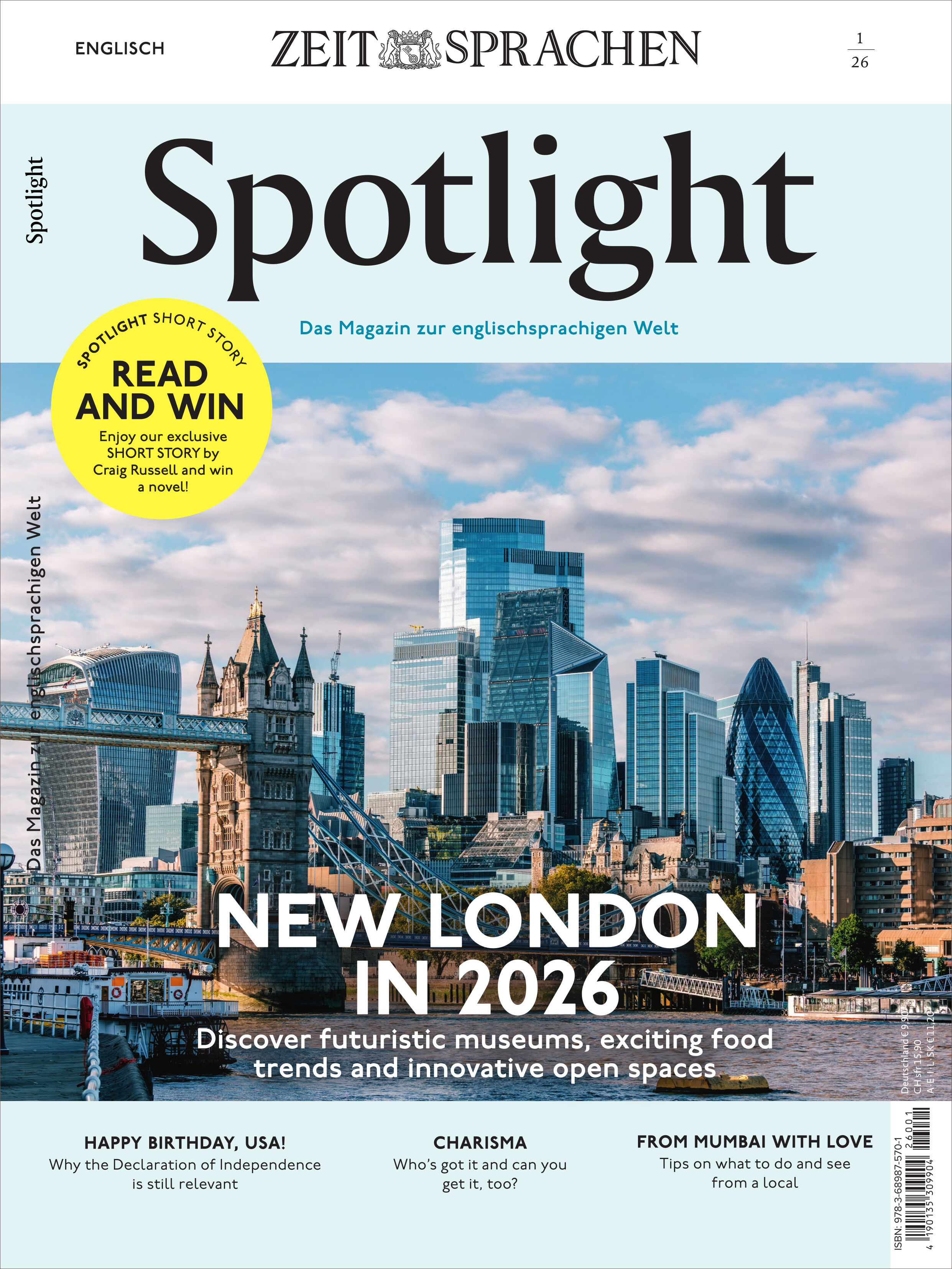 Das Titelblatt des "Spotlight Magazin 1/2026" zeigt ein anspruchsvolles Layout mit modernen Serifen- und Sans-Serif-Schriften in Rot und Blau auf weißem Hintergrund. Akzentuiert sind lebendige Farbstreifen. Schlagzeile: "50 New Words you need to know in English". Diverse kleinere Bildsymbole und Themenvorschauen zu britischer Kultur und Englischlernen runden das Cover ab.