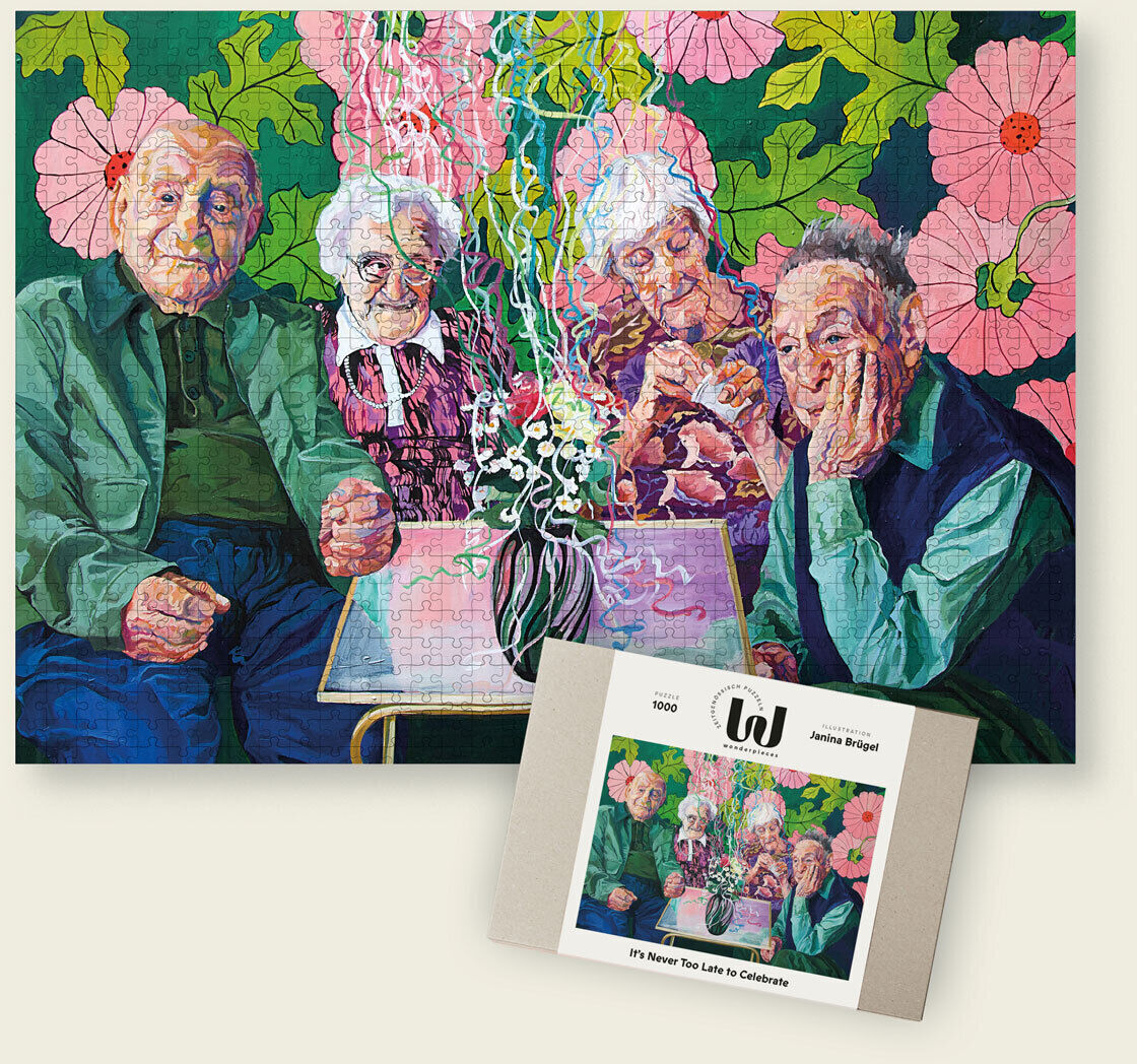 Ein farbenfrohes Puzzle mit dem Titel »It's never Too Late to Celebrate«, das eine fröhliche Gruppe älterer Personen inmitten großer, leuchtender Blumen zeigt. Das Bild vermittelt ein Gefühl von Gemeinschaft und Freude.