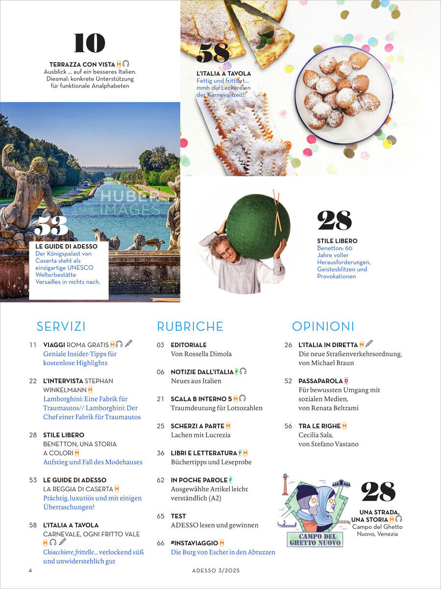 Titelblatt der Zeitschrift 'Adesso Magazin' Ausgabe 3/2025 mit Bildern von italienischen Gerichten, Landschaften und kulturellen Symbolen. Inhalte umfassen Reisetipps, kulinarische Highlights und kulturelle Artikel.