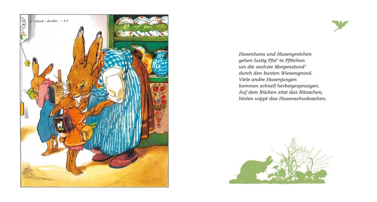 Ein illustriertes Bild aus dem Buch 'Die Häschenschule'. Zu sehen sind zwei Hasen, die von einer größeren Figur begrüßt werden, die ein blau-weißes gestreiftes Kleid trägt. Die Umgebung ist farbenfroh mit grünen Pflanzen, bunten Ostereiern und weiteren Häschen im Hintergrund. Auf der rechten Seite steht ein Text in deutscher Sprache.