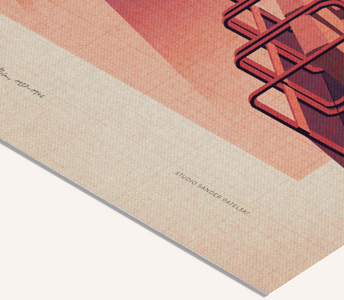 Detailansicht eines Posters mit einer modernen, grafischen Darstellung der Bocconi Universität in Mailand, Italien. Das Bild zeigt stilisierte Architekturformen in verschiedenen Rot- und Beigetönen auf strukturiertem Papier.