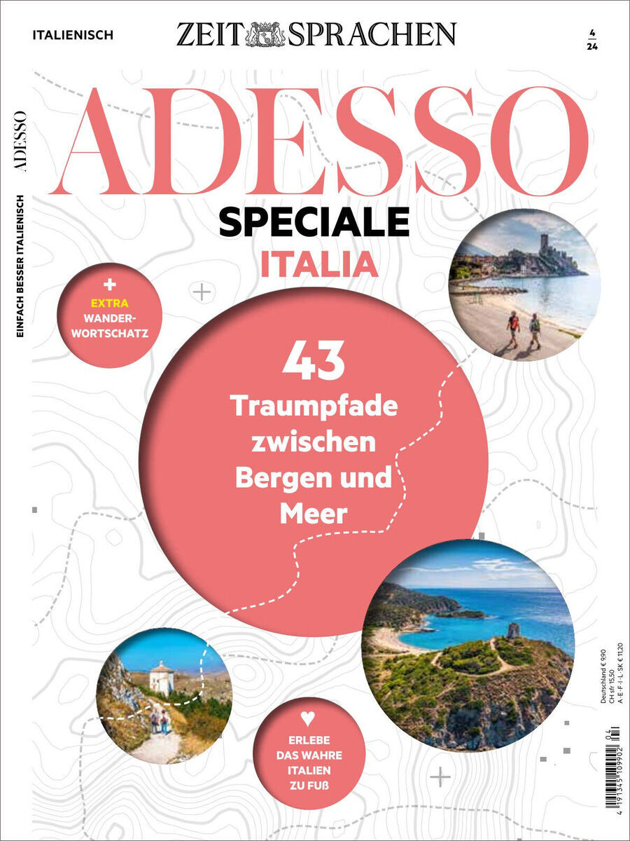 Cover des Adesso Magazin 04/2024 Sonderausgabe zeigt den Titel 'Speziale Italia' mit dem Untertitel '43 Traumpfade zwischen Bergen und Meer'. Enthält Bilder von italienischen Landschaften, Bergen und Küsten.