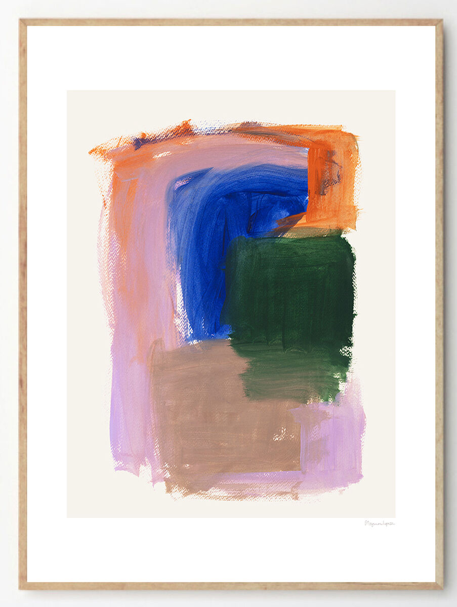 Ein abstraktes Kunstwerk von Berit Mogensen Lopez mit verschiedenen Farbfeldern in Orange, Blau, Grün, Lila, Braun und Beige, gerahmt in einem schlichten Holzrahmen.