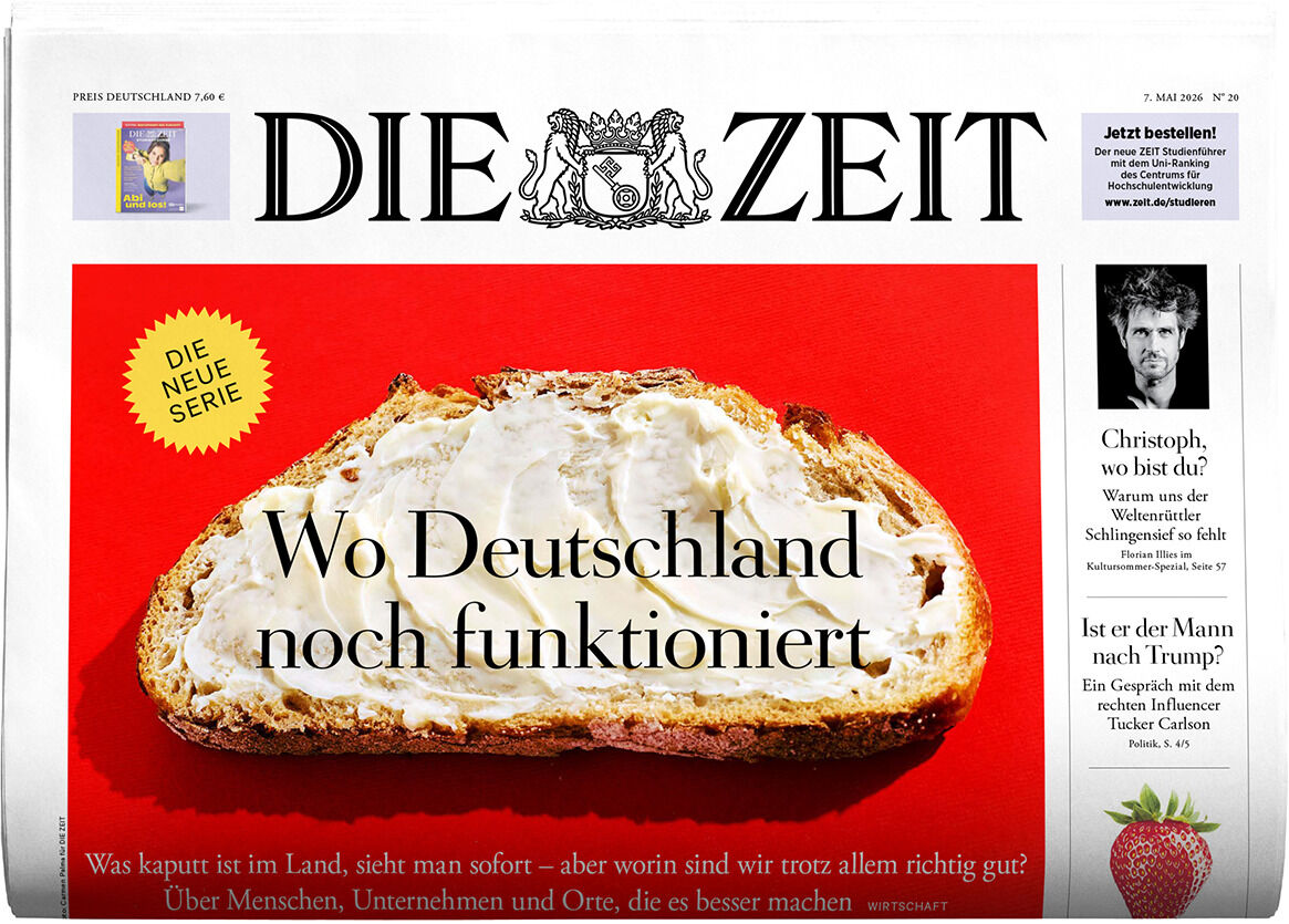 Titelseite der Wochenzeitung DIE ZEIT Ausgabe 20/2026 mit großem Brotscheibenmotiv auf rotem Hintergrund und der Schrift "Wo Deutschland noch funktioniert." Oberhalb das Titel-Logo, rechts kleine Artikelvorschauen und Werbung, links gelber Aufkleber "Die neue Serie".