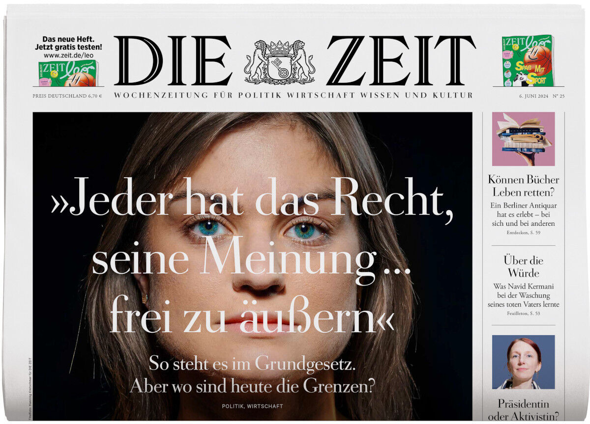 Titelseite der Ausgabe DIE ZEIT 25/2024, mit einem Porträt einer Person im Mittelpunkt und dem Titel 'Jeder hat das Recht, seine Meinung frei zu äußern'. Oben links befindet sich ein weiteres Thema, das auf die wichtige Rolle von Büchern hinweist.
