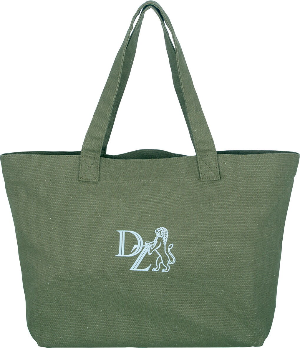 ZEIT Canvas-Tasche in Olivgrün mit zwei Trageriemen und einem aufgedruckten Logo in Weiß auf der Vorderseite.