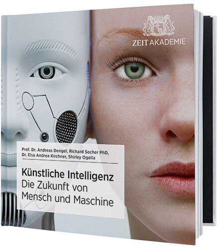 Buchcover des Seminars 'Künstliche Intelligenz' der ZEIT Akademie. Das Cover zeigt die Hälfte eines menschlichen Gesichts und das eines Roboters, beide in Nahaufnahme.
