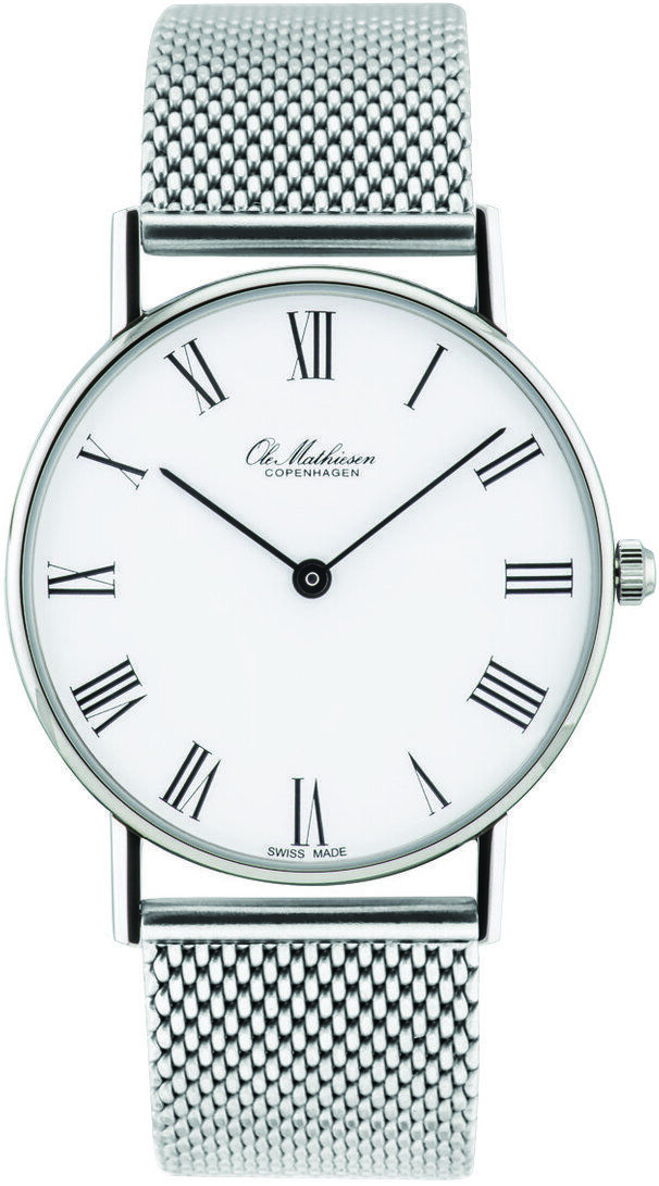 Armbanduhr »Classic Roman« von Ole Mathiesen mit einem weißen Zifferblatt, römischen Ziffern und Edelstahlarmband.