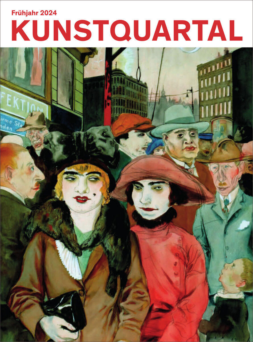 Coverbild der Zeitschrift WELTKUNST 223/24 mit dem Titel 'Wie KI die Kunst revolutioniert'. Das Bild zeigt eine lebendige Straßenszene mit mehreren Personen in farbenfroher Kleidung vor einem städtischen Hintergrund.