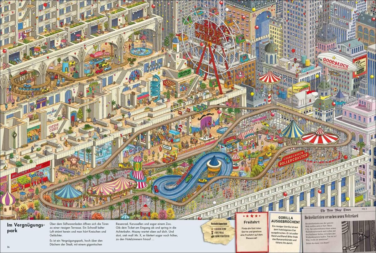 Eine bunte, detaillierte Illustration eines Vergnügungsparks aus dem Buch 'Pierre, der Irrgarten-Detektiv'. Es gibt Menschen, Fahrgeschäfte, Zelte und Gebäude. Ein Detektiv betritt das Labyrinth, um Hinweise zu suchen.