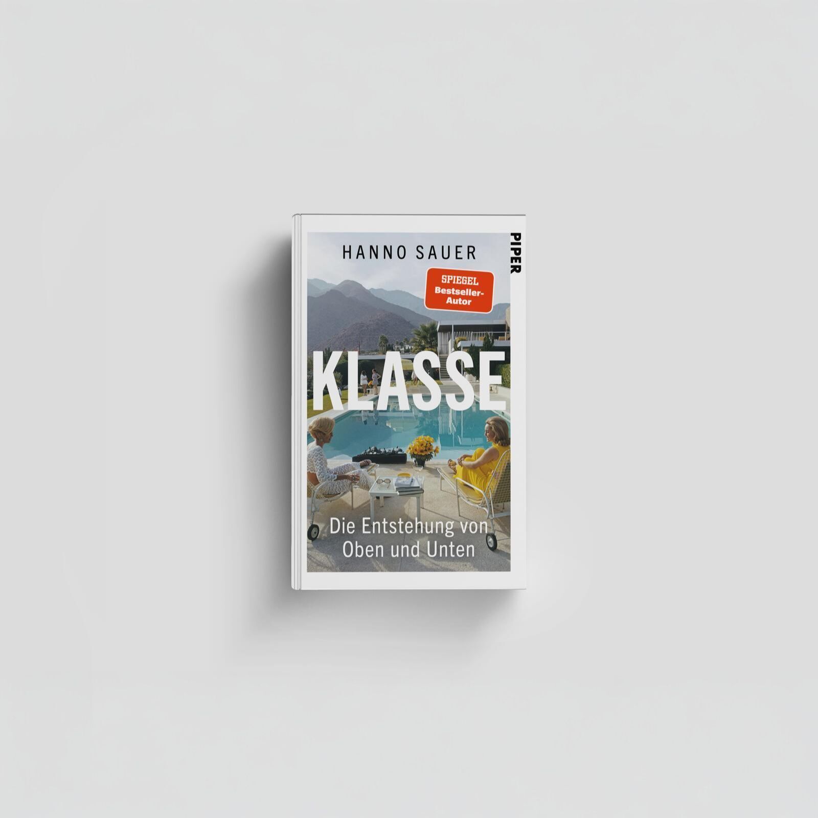 Das Buch 'Klasse: Die Entstehung von Oben und Unten' von Hanno Sauer ist auf einem hellen Hintergrund abgebildet. Das Cover zeigt eine stilisierte Szene mit zwei Personen, die auf einer Terrasse mit Blick auf Berge und Wasser sitzen. Im oberen Bereich ist ein roter Bestseller-Sticker. Der Titel ist in großen weißen Buchstaben geschrieben.