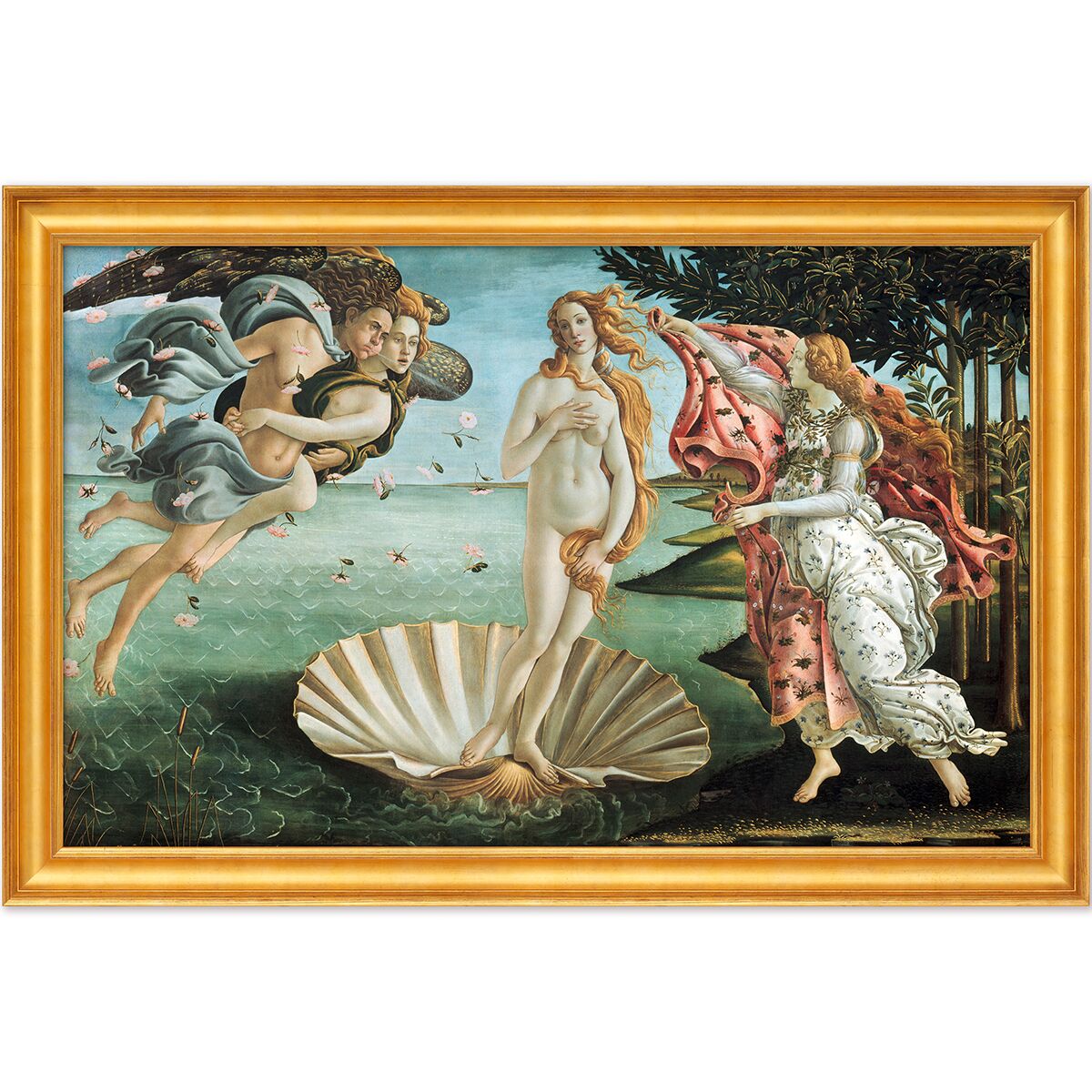 Gerahmtes Gemälde »Die Geburt der Venus« von Sandro Botticelli. Es zeigt die mythologische Venus auf einer Muschel am Meer, begleitet von geflügelten Figuren und einer Frau am Ufer, mit üppiger Vegetation im Hintergrund. Goldener Rahmen, kunstvoll und detailreich.