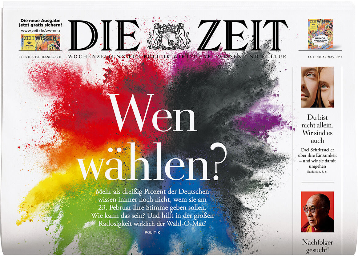 Titelblatt der Zeitung DIE ZEIT 7/2025 mit dem Thema 'Wen wählen?' in großen Buchstaben. Verschiedene bunte Farbexplosionen im Hintergrund: Rot, Blau, Gelb, Grün, Lila. Auf der rechten Seite befindet sich eine Themenvorschau mit kleineren Artikeln und Bildern.