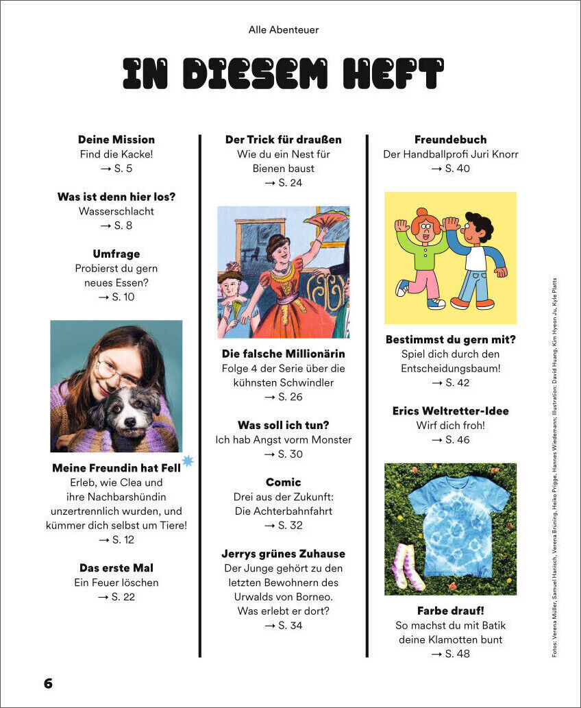 Das Bild zeigt ein Poster mit dem Titel 'In diesem Heft'. Es gibt mehrere Abschnitte mit Kurzbeschreibungen und bunten Bildern. Einer der Abschnitte hat die Überschrift 'Meine Freundin hat Fell' mit einem Bild von einem Kind, das einen Hund umarmt. Weitere Themen umfassen Abenteuergeschichten, Basteltipps und Naturentdeckungen.