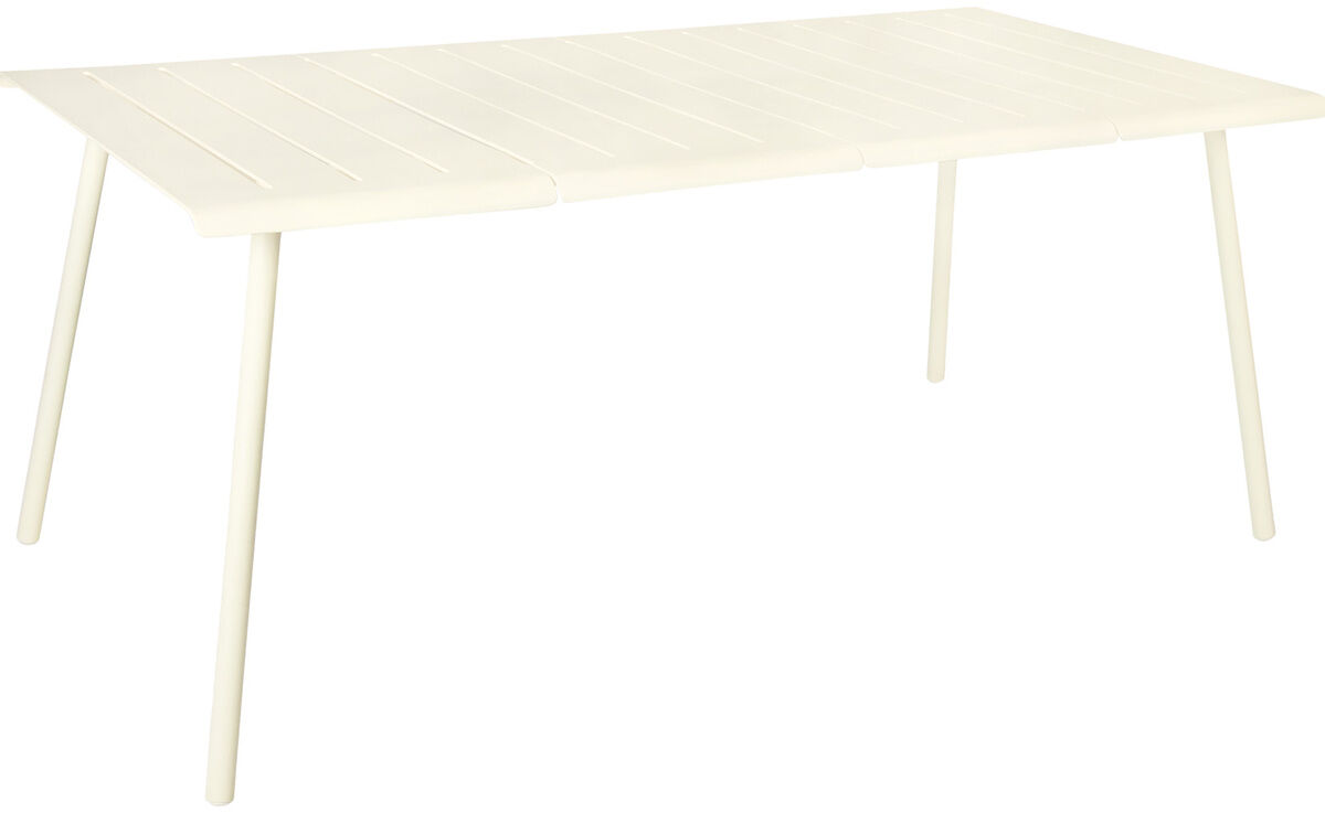 Ein weißer Tisch, Modell VAPIO, 180x90 cm, im minimalistischen Design mit vier schräg stehenden Beinen. Geeignet für Esszimmer oder Küche.