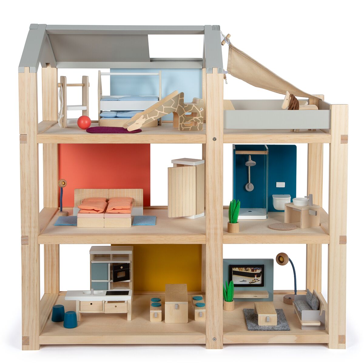 Abgebildet ist ein dreistöckiges Puppenhaus aus Holz mit verschiedenen detaillierten Miniaturmöbeln wie Betten, Sofa, Bad, Küche und Dekoration in unterschiedlichen Farben. Die Räume sind offen und laden zum kreativen Spielen ein. Das Puppenhaus steht aufrecht und ist für Kinder geeignet.