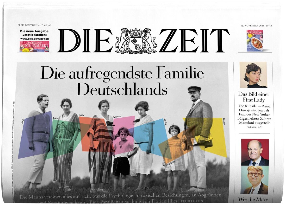 Titelseite der Wochenzeitung DIE ZEIT, Ausgabe 48/2025. Großes Schwarz-Weiß-Foto einer Familie, deren Mitglieder farbige Rechtecke abdecken, mit unscharfen Gesichtern. Überschrift: "Die aufregendste Familie Deutschlands". Seitliche Artikelvorschauen mit Porträts und weiteren Themen.