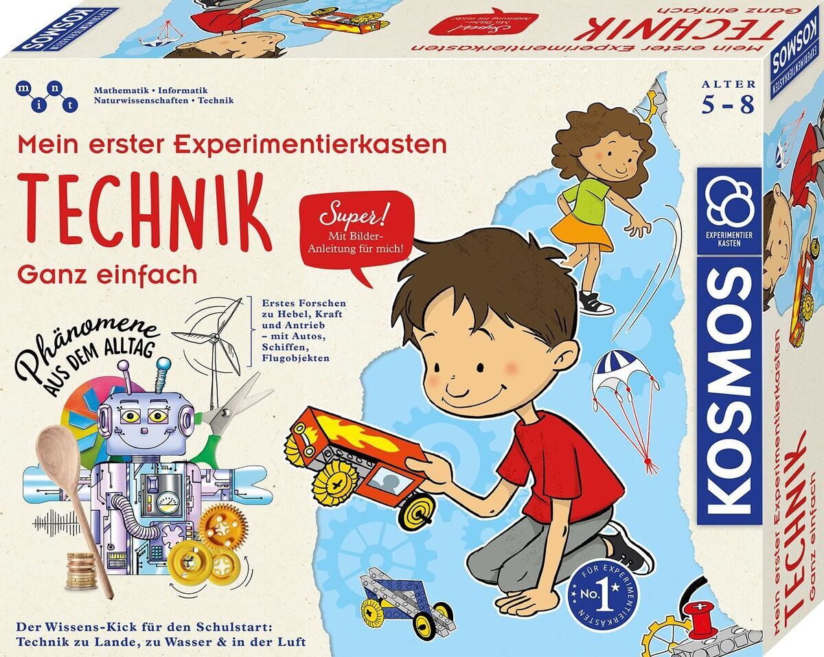 Der 'Mein erster Experimentierkasten Technik' von Kosmos ist ein bunt illustrierter Bausatz für Kinder im Alter von 5 bis 8 Jahren. Auf der Verpackung ist ein lachender Junge zu sehen, der ein Fahrzeug zusammenbaut, umgeben von weiteren technischen Spielzeugen und einer Anleitung. Im Hintergrund sind weitere Bastelanleitungen abgebildet. Das Set betont einfache Technik-Experimente und fördert das technische Verständnis und die Motorik.