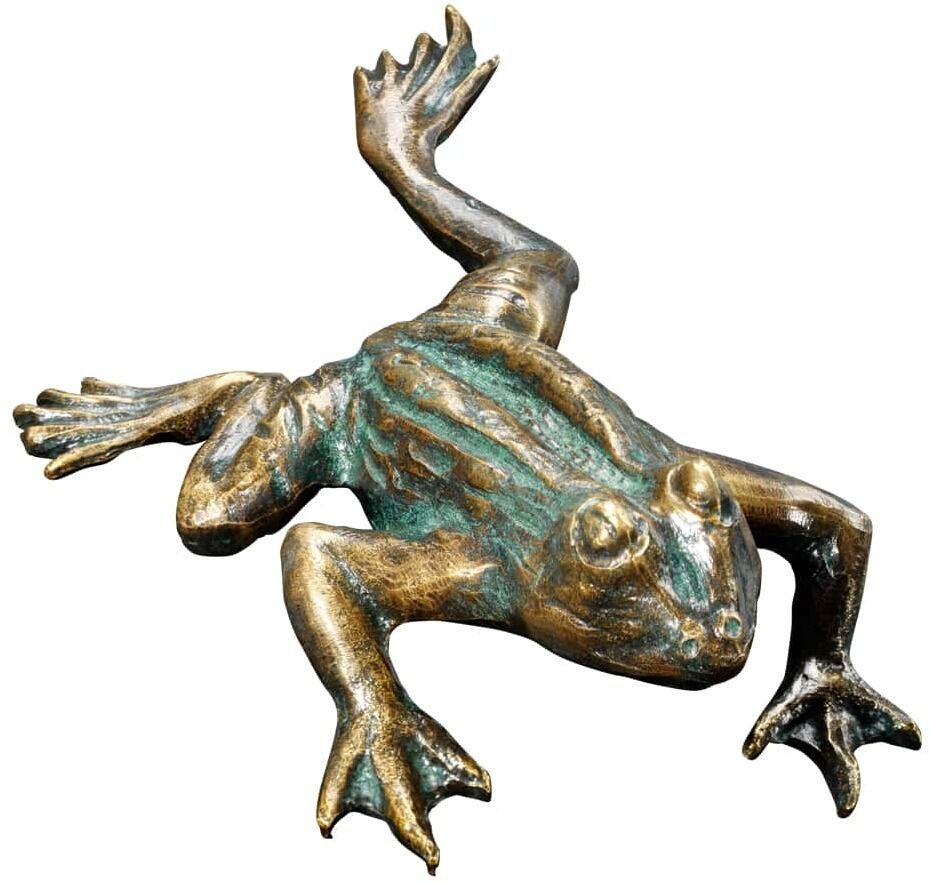 Eine Gartenskulptur in Form eines Kletterfrosches, aus bronzefarbenem Metall. Der Frosch hat ausgestreckte Beine und detaillierte Züge, perfekt als Garten- oder Außendekoration.