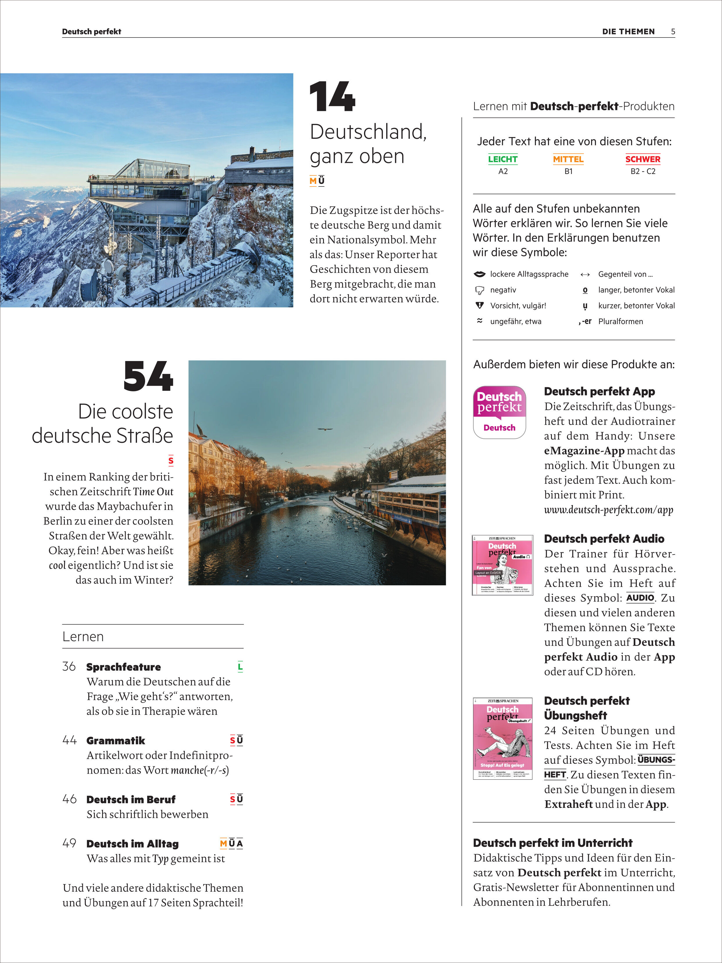 Doppelseite aus dem Magazin 'Deutsch perfekt', oben links winterliche Berglandschaft mit Aussichtsstation, rechts Übersicht zu Magazinthemen und Lernprodukten, unten links Fluss mit Booten und herbstlichen Bäumen, strukturierte Tabellen und Textfelder, Werbeanzeigen für die Deutsch perfekt App und Print-Ausgabe.